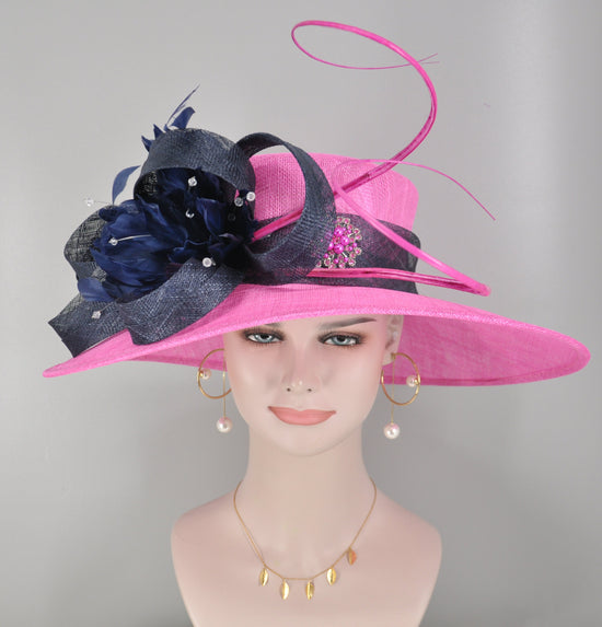 Hot Pink Sinamay Kentucky Derby Hat: Navy Blue Rhinestone Brim