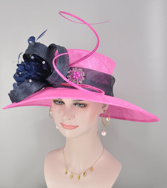 Hot Pink Sinamay Derby Hat: Navy Blue Rhinestone Brim