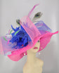 Hot Pink Sinamay Kentucky Derby Hat: Royal Blue Bow Feather Flowers