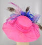 Hot Pink Sinamay Derby Hat: Royal Blue Bow Feather Flowers
