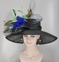 Black Sinamay Derby Hat: Wide Brim, Royal Blue Flowers