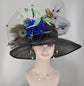 Black Sinamay Derby Hat: Wide Brim, Royal Blue Flowers