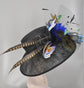 Black Sinamay Derby Hat: Wide Brim, Royal Blue Flowers