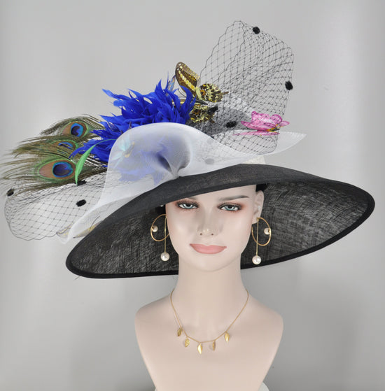 Sinamay Derby Hat: Black Wide Brim with Butterflies