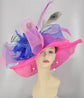 Hot Pink Sinamay Kentucky Derby Hat: Royal Blue Bow Feather Flowers