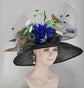 Black Sinamay Kentucky Derby Hat: Wide Brim, Royal Blue Flowers