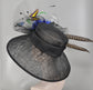 Black Sinamay Derby Hat: Wide Brim, Royal Blue Flowers