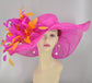 Fuchsia Feather Flower Derby Hat: Orange Accent Sinamay Brim