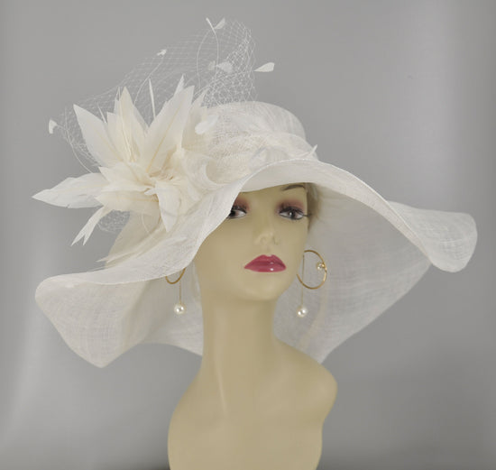 White Feather Flower Sinamay Derby Hat: Wide Brim Church Hat