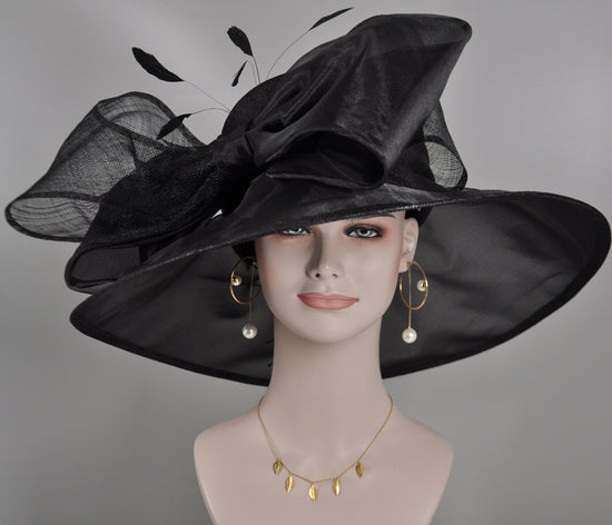 Black Derby Hat: Wide Brim Sinamay Church Hat