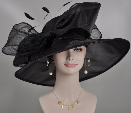 Black Kentucky Derby Hat: Wide Brim Sinamay Church Hat