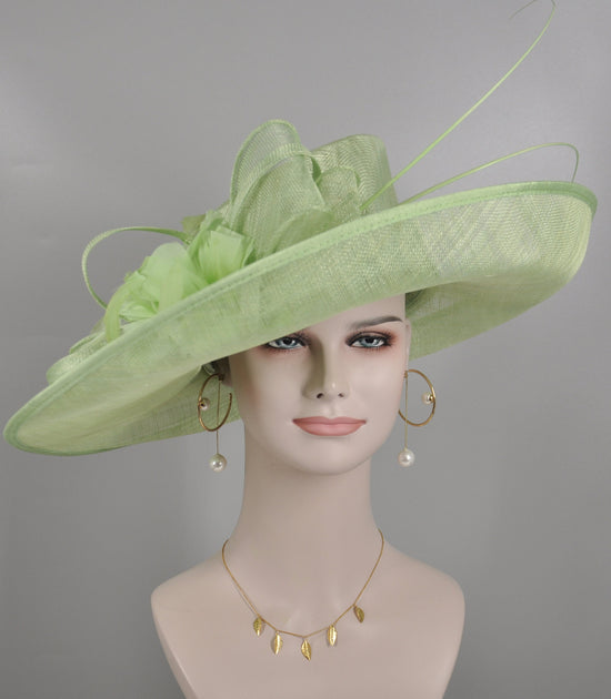 Wide Brim Sinamay Derby Hat: Spring Green Church Wedding Ascot Hat