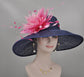 Navy Blue w Fuchsia Hot Pink and Pink Feather Flower Kentucky Derby Hat Tea Party Carriage Party  Royal AscotWide Brim  Sinamay Hat