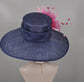 Navy Fuchsia Pink Feather Flower Wide Brim Kentucky Derby Hat, Ascot Hat for Wedding Tea Party, Garden Party Hat, Mother of the Bride,Church