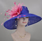 Royal Blue Sinamay Derby Hat: Fuchsia Feather Flower, Wide Brim