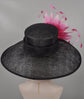 Black Sinamay Derby Hat: Fuchsia Feather Flower Wide Brim