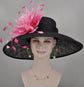 Black Sinamay Derby Hat: Fuchsia Feather Flower Wide Brim