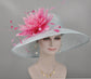 Powder Blue w Fuchsia Hot Pink  Pink Feather Flower Kentucky Derby Hat Tea Party Carriage Party  Royal AscotWide Brim  Sinamay Hat