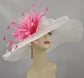 White with Pink Feather Flower Wide Brim Kentucky Derby Hat, Ascot Hat for Wedding Tea Party, Garden Party Hat, Mother of the Bride, Church