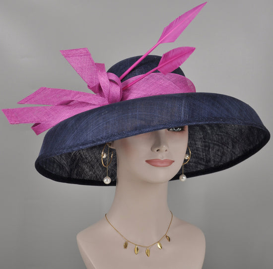 Navy Blue Sinamay Kentucky Derby Hat: Hot Pink Feathered Wide Brim