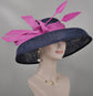 Navy Blue Sinamay Kentucky Derby Hat: Hot Pink Feathered Wide Brim