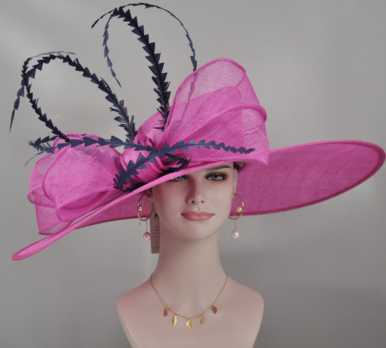 Fuchsia Derby Hat: Navy Feather & Sinamay Bow Ascot Hat