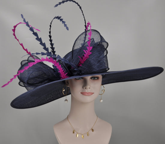 Navy Blue Kentucky Derby Hat: Feathered Ascot Wedding Party Hat