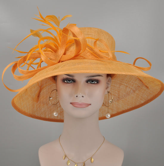 Orange Sinamay Derby Hat: Wide Brim Feather Ascot Hat