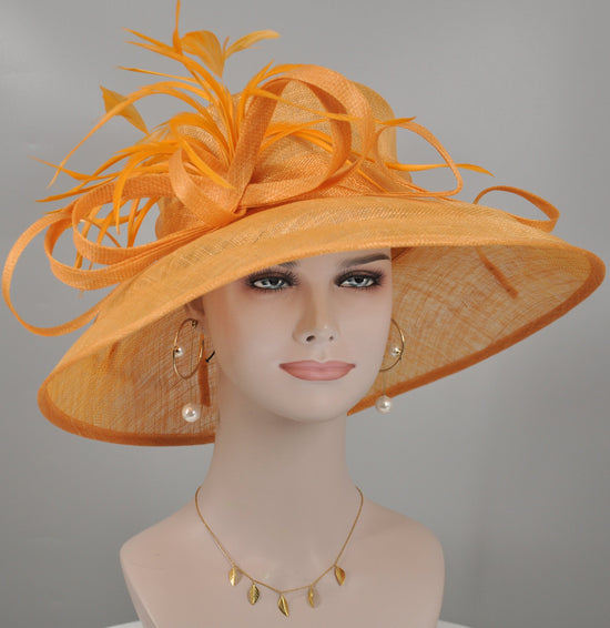 Orange Sinamay Kentucky Derby Hat: Wide Brim Feather Ascot Hat