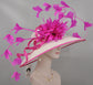 White Sinamay Derby Hat: Fuchsia Feather Ascot Hat