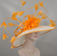 Wide Brim Derby Hat: White Sinamay with Orange Feather Flowers