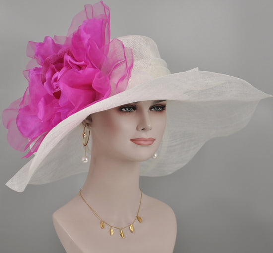 Sinamay Kentucky Derby Hat: White Floppy Brim with Fuchsia Silk Flower