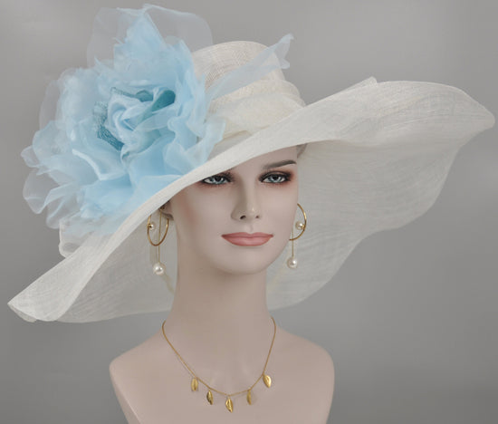Wide Brim Sinamay Kentucky Derby Hat: White with Powder Blue Silk Flower