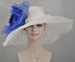 Wide Brim Sinamay Derby Hat: White with Royal Blue Silk Flower