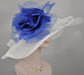 Wide Brim Sinamay Derby Hat: White with Royal Blue Silk Flower
