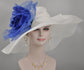 Wide Brim Sinamay Derby Hat: White with Royal Blue Silk Flower