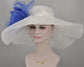 Wide Brim Sinamay Derby Hat: White with Royal Blue Silk Flower