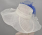White with Royal Blue Silk Flower Wide Brim Kentucky Derby Hat,Ascot Hat for Wedding Tea Party, Garden Party Hat,Mother of the Bride,Church