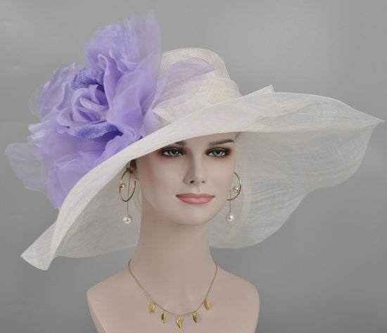 White Sinamay Kentucky Derby Hat: Lavender Silk Flower Wide Brim