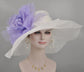 White Sinamay Kentucky Derby Hat: Lavender Silk Flower Wide Brim