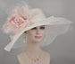 Wide Brim Sinamay Derby Hat: White with Blush Pink Silk Flower
