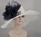Wide Brim Sinamay Kentucky Derby Hat: White w Navy Silk Flower