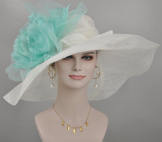 Wide Brim Sinamay Derby Hat: White with Turquoise Silk Flower
