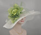 Wide Brim Sinamay Derby Hat: White with Green Silk Flower