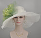 Wide Brim Sinamay Derby Hat: White with Green Silk Flower