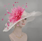 Wide Brim Sinamay Derby Hat: White with Hot Pink Feather Flower