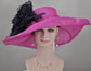 Fuchsia Pink Sinamay Derby Hat: Navy Blue Silk Flower Wide Brim