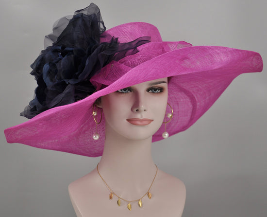 Fuchsia Pink Sinamay Derby Hat: Navy Blue Silk Flower Wide Brim