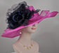 Fuchsia Pink Sinamay Derby Hat: Navy Blue Silk Flower Wide Brim