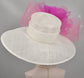 Kentucky Derby Hat: White Sinamay Wide Brim with Fuchsia Silk Flower